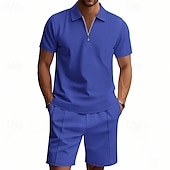 voordelige Klassieke polo voor heren-Voor heren Wafel Poloshirts Polo met kwartrits Dagelijks Feestdagen Revers Korte mouw Modieus Basic Effen 2-stuks Zomer Normale pasvorm Zwart Wit Marineblauw Koningsblauw Groen Khaki Wafel Poloshirts