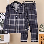 baratos Pijamas-Homens Roupa de Dormir Conjunto de Pijama Top e calça de pijama 1conjunto Xadrez Moda à moda Clássico Casa Diário De Cama Poliéster Conforto Macio Lapela Manga Longa Cardigã Calça Cintura elástica