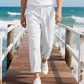 baratos Feriado-Homens Calças de linho Calças Calça verão Calças largas Calças de praia Com Cordão Cintura elástica Perna reta Tecido Conforto Respirável Comprimento total Ao ar livre Casual Feriado Férias Moda