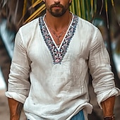 voordelige Vakantie-Voor heren Overhemd Linnen overhemd Popover-shirt Zomer overhemd Strand Kleding retro-overhemden Effen Kleur Vakantie Feestdagen Wit Lange mouw V-hals Zomer Lente Kleding Kwastje