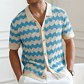olcso Vakáció-Férfi Button Up Polos Golfing Hétköznapi Sport Hajtóka Rövid ujjú Divat Alap Vonalak / hullámok Gombok Nyár Sárga Kék Barna Button Up Polos