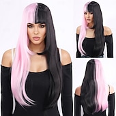 baratos Perucas Sintéticas sem Touca-Perucas sintéticas Trama Curly Reta natural Corte em Camadas Com Franjas Fabrico à Máquina Peruca 26 polegadas A1 Cabelo Sintético Mulheres Clássico Confortável Cores Gradiente Rosa Preta