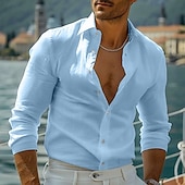 preiswerte Urlaub-Herren Hemd Leinenhemd Freizeithemd Knopfhemd Baumwollhemd Einfach Urlaub Hawaiianisch Schwarz Weiß Rosa Grau Langarm Revers Frühling Herbst Bekleidung