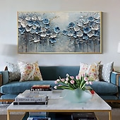 cheap Floral/Botanical Paintings-Handmade Original Blue Flowers Oil Painting On Canvas Abstract Tree Scenery Wall Art for Home Decor With Stretched Frame Without Inner Frame Painting