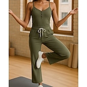 billiga vida ben och raka byxor-Dam Yogajumpsuit Onesie Ficka Henley Yoga Kondition Pilates Vida byxor med linne Svart Grön sporter Sportkläder Microelastisk