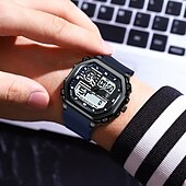 baratos Relógio Automático-Relógio esportivo digital masculino à prova d&#039;água com display LED quadrado, hora dupla, semana e data, pulseira de silicone, relógio de pulso casual