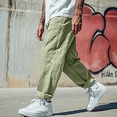 cheap Retro-Men&#039;s Linen Pants Trousers Summer Pants Baggy Pants Beach Pants Drawstring Elastic Waist Straight Leg Plain Comfort Breathable Full Length Casual Daily Holiday Vacation Fashion Black White