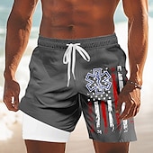 お買い得  独立記念日ボトムス-アメリカ独立記念日 男性用 米国旗 愛国 7月4日 裏地付きショートパンツ 2 in 1 スイムショーツ スイムトランク ミディアムウエスト 祝日 サイドポケット コンプレッションライナー付き 伸縮性のあるドローストリングウエスト デザイナー 衣類