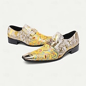 cheap Premium Leather Loafers-Men&#039;s Gold and White Floral Design Dress Shoes–Elegant Formal Footwear for Weddings and Gala Events