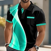 abordables Polo geométrico para hombre-Hombre Geométrico Línea Polo Manga Corta Cuello Vuelto Negocios Deporte Ropa Deportiva Casual Diario Botones Bolsillo Verano Azul cielo Rojo rubí Gris