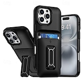 رخيصةأون جرابات آيفون-جراب هاتف ملون مقاوم للصدمات لهاتف iPhone 16 Pro Max Plus / 15 / 14 / 13 / 12 Pro Max - فتحة بطاقة منزلقة مع مسند، غطاء خلفي من الكمبيوتر الشخصي