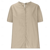 abordables Chemises-Chemisier en coton et lin pour femme, couleur unie, élégant, décontracté, manches courtes, col en V, régulier, quotidien, vacances, plissé, noir, blanc, rose, violet, vert, été