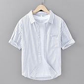 voordelige heren overhemd met knopen-Voor heren Overhemd Zomer overhemd Normaal shirt Strand hemd Overhemd met knopen Wit blauw Groen Grijs Korte mouw Gestreept Revers Vakantie Hawaii Zak Kleding 100% katoen Modieus Casual Comfortabel