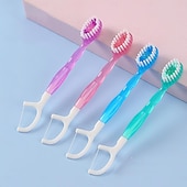 baratos Banho e cuidados pessoais-Mini escovas de dente descartáveis 5 em 1 com pasta de dente, raspador de língua, palitos, estojo de viagem para fio dental, escovas de dente de viagem pré-coladas para trabalho ou viagem, escovas