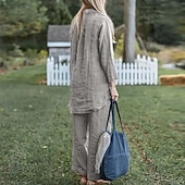economico Set in cotone e lino-Per donna Moda Streetwear Camicie di cotone e lino Set di biancheria in cotone Set di Pantaloni Manica Lunga Colletto a Camicia Semplice Abbigliamento quotidiano Data Blu Verde Grigio Estate