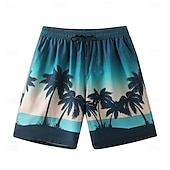 baratos Calções Elite Masculinos-Homens Calção Shorts de praia Bolsos Com Cordão Imprimir Gráfico Folha Árvore Respirável Secagem Rápida Comprimento do joelho Ao ar livre Férias Casa Férias Estilo Étnico Azul Céu Azul escuro