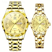 baratos Relógios Quartz-Dois mostradores romanos redondos com diamantes aquáticos, mostrador luminoso, relógio de casal ipx7 à prova d&#039;água, relógio de quartzo com calendário e data, pulseira de aço inoxidável elegante,