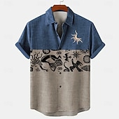 cheap Classic-Men's Symbol Linen Shirt Summer Hawaiian Shirt Button Up Shirt Short Sleeve Vintage Artistic Vacation Holiday Beach Wear Summer Spring Turndown Collared Shirts Blue Purple Green