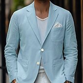 cheap Men&#039;s Classic Blazers-Men&#039;s Linen Blazer Sport Coat Casual Daily Spring &amp; Summer Cotton And Linen Solid Color Comfy Single Breasted Two-button Blazer Beige Light Blue