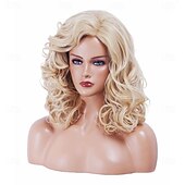 economico Parrucche storiche-Parrucche sintetiche bionde per donne, parrucca lunga e ondulata, traspirante, senza cappuccio, resistente al calore, per cosplay anni &#039;70 e &#039;80, per Halloween, da indossare tutti i giorni