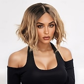 cheap Synthetic Trendy Wigs-Synthetic Wig Wavy Curly Weave Asymmetrical Neat Bang Machine Made Wig 12 inch A1 Synthetic Hair Women&#039;s Middle Part Classic Comfortable Blonde