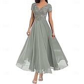 preiswerte Bodenlänge-A-Linie Brautmutterkleid Elegant V Ausschnitt Bodenlang Polyester Kurzarm mit Einfarbig 2025