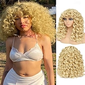 voordelige Historische pruiken-Krullende Pruik Grote Krullende Pruiken voor Witte Zwarte Vrouwen 20 Inch Lange Krullende Afro Pruik met Pony Synthetisch Haar Vervangingspruiken voor Cosplay en Dagelijks Ombre Blonde Halloween