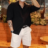 preiswerte Herrenhemd zum Knöpfen-Herren Hemd Sommerhemd Freizeithemd Strandhemd Knopfhemd Schwarz Weiß Aprikose Langarm Einfach Revers Urlaub Hawaiianisch Jacquard Bekleidung Polyester Mode Lässig Bequem