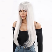 abordables Perruques Synthétiques Sans Bonnet-Perruque Synthétique Droit crépu Lisse naturel Coupe dégradée Avec frange Fabriqué à la Machine Perruque 24 pouces A1 Cheveux synthétiques Femmes Classique Confortable Dégradé de couleur Blanc
