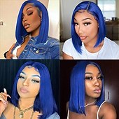 economico Parrucche lace front capelli veri-parrucca corta in pizzo bobo blu# con capelli umani 13*4, capelli umani lisci, densità 150% per donne nere