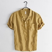 cheap Business Casual-Men&#039;s Shirt Linen Shirt Popover Shirt Summer Shirt Beach Wear Casual Shirt Solid Color Vacation Street Black White Yellow Green Short Sleeve Shirt Collar Summer Spring Clothing Apparel Pocket