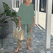 billige Blusedresser for kvinner-Damer 2 Deler Motemote Gateklesplagg Daglig Bukse Sett Halv Erme Crew Hals Blomster Grafisk Ferie Casual Daglig Rosa Blå Himmelblå Sommer Løs Fit