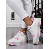 baratos Ténis de mulher-Tênis feminino branco e rosa com plataforma de glitter arco-íris, calçado casual com cadarço para uso diário e encontros