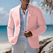 tanie Linen Blazer-Męskie Lniana marynarka Sportowy płaszcz Moda Codzienny Solidne kolory Blazer Błękit jeziora Rumiany róż Błękit nieba Luźny / a Jednorzędowa, jeden guzik