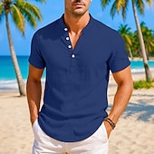 voordelige Vakantie-Voor heren Overhemd Linnen overhemd Overhemd met bandkraag Popover-shirt Zomer overhemd Strand Kleding Effen Vakantie Casual Zwart Wit Blozend Roze Marineblauw Korte mouw Mandarijn Kraag Zomer Kleding