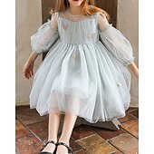 abordables Robes-Enfants Fille Robe Couleur Unie Manche 3/4 Extérieur Maille Adorable Coton Mi-long Robe Décontractée Robe en Tulle Été 4 ans et + Bleu Ciel