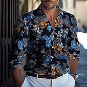 cheap Plants Pattern-Men&#039;s Floral Print Flowers Shirt Button Up Shirt Casual Dress Shirt Long Sleeve Fashion Casual Formal Vacation Dailywear Summer Spring Turndown 3D Print Collared Shirts Red Blue Green Dark Blue