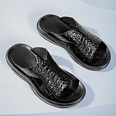 cheap Vacation Sandals-Men&#039;s Copper Faux Leather Slide Sandals with Embossed Crocodile Pattern and Black Cushioned Sole – Stylish Slip-On Sandals for Indoor Lounge, Poolside Relaxation, or Resort Wear
