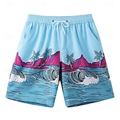 baratos Calções Elite Masculinos-Homens Calção Shorts de praia Bolsos Com Cordão Imprimir Gráfico Folha Árvore Respirável Secagem Rápida Comprimento do joelho Ao ar livre Férias Casa Férias Estilo Étnico Azul Céu Azul escuro