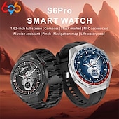 baratos Smartwatch-Relógio inteligente S6Pro 1,62&quot; Bluetooth, rastreador de fitness para homens com bússola, contador de passos, lembrete de chamadas e mensagens, monitor de sono, assistente de voz, à prova d&#039;água IPX, compatível com Android e iOS
