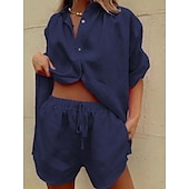 abordables Ensembles-Femmes Actif Basique Ensembles en coton et lin Manche Courte Col de chemise Couleur Unie Décontracté Quotidien Vert Véronèse bleu marine Vert foncé Été Coupe régulière