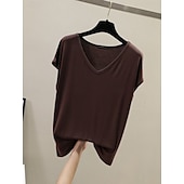 billige Plain t-skjorte-Dame Bluse Helfarge Stilfull Fritid Kortermet V-hals Vanlige topper Daglig Svart Hvit Rosa Rød Marineblå Sommer Vår