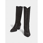 baratos Festa da Vida Noturna-Botas de cowboy femininas com strass - botas pretas de festa estilo western até o joelho com bico fino e salto grosso para festivais de música e eventos noturnos