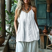 baratos Tops Boho-Mulheres Camisa Social Camisa de algodão e linho Camisola Regata Tecido Diário à moda Básico Sem Manga Com Alças ombro frio Tops regulares Trabalho Diário Feriado Preto Branco Amarelo Primavera Outono