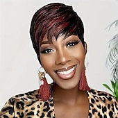 cheap Black &amp; African Wigs-Short Pixie Cut Wig Synthetic Wig for Black Women with Burgundy Layered Short Haircut Wig Glueless Wig with Bangs Quick Get Up and Go Wig