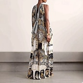 economico Abiti boho-Per donna Abito Lungo Maxi Abito Vestito Casual Vestito a ruota Moda All&#039;aperto Feste Ferie Vestibilità regolare Dipinto Senza Maniche All&#039;americana Bianco Estate