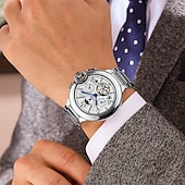 abordables Relojes mecánicos-Reloj de lujo para hombre, con tourbillon hueco, automático, mecánico, resistente al agua, con fecha y semana, de acero inoxidable.