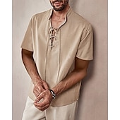 cheap Men&#039;s Casual Shirts-Men&#039;s Shirt Summer Shirt Casual Shirt Beach Shirt Black Apricot Short Sleeve Plain Band Collar Vacation Hawaiian Lace up Clothing Apparel Polyester Fashion Casual Comfortable