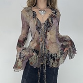 preiswerte Boho Tops-Damen Boho-Hemd Bluse Blume Modern Boho Langarm V Ausschnitt Normale Oberteile Täglich Ferien Netz Druck Purpur Sommer