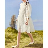 cheap Dresses-Kids Girls&#039; Dress Solid Color Long Sleeve Outdoor Ruched Mesh Adorable Nylon Knee-length Casual Dress Summer 4 years+ Beige